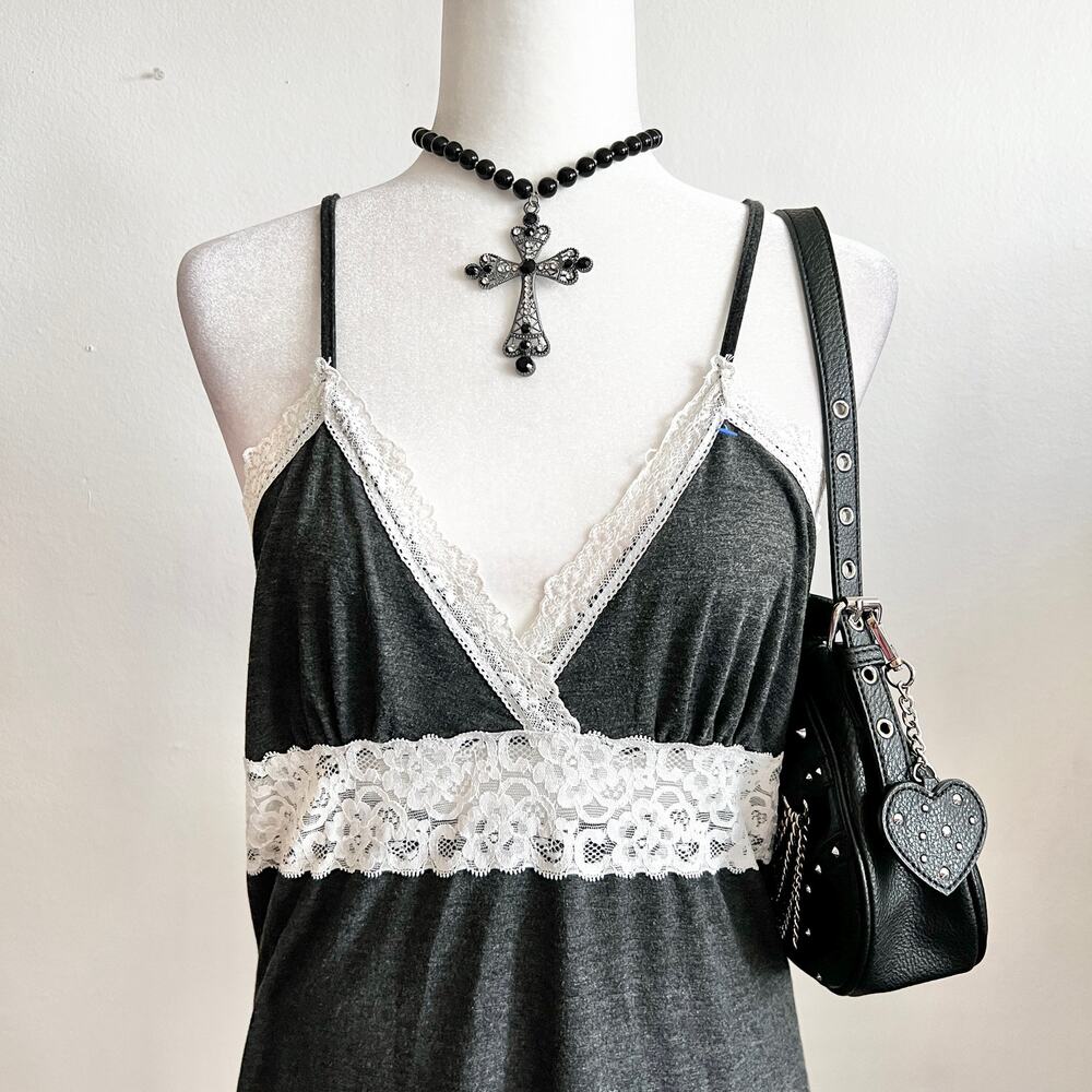 Gray Lace Trim Slip Mini‎ Dress, Coquette, Soft Girl, Vintage Inspired, Large - Picture 2 of 5